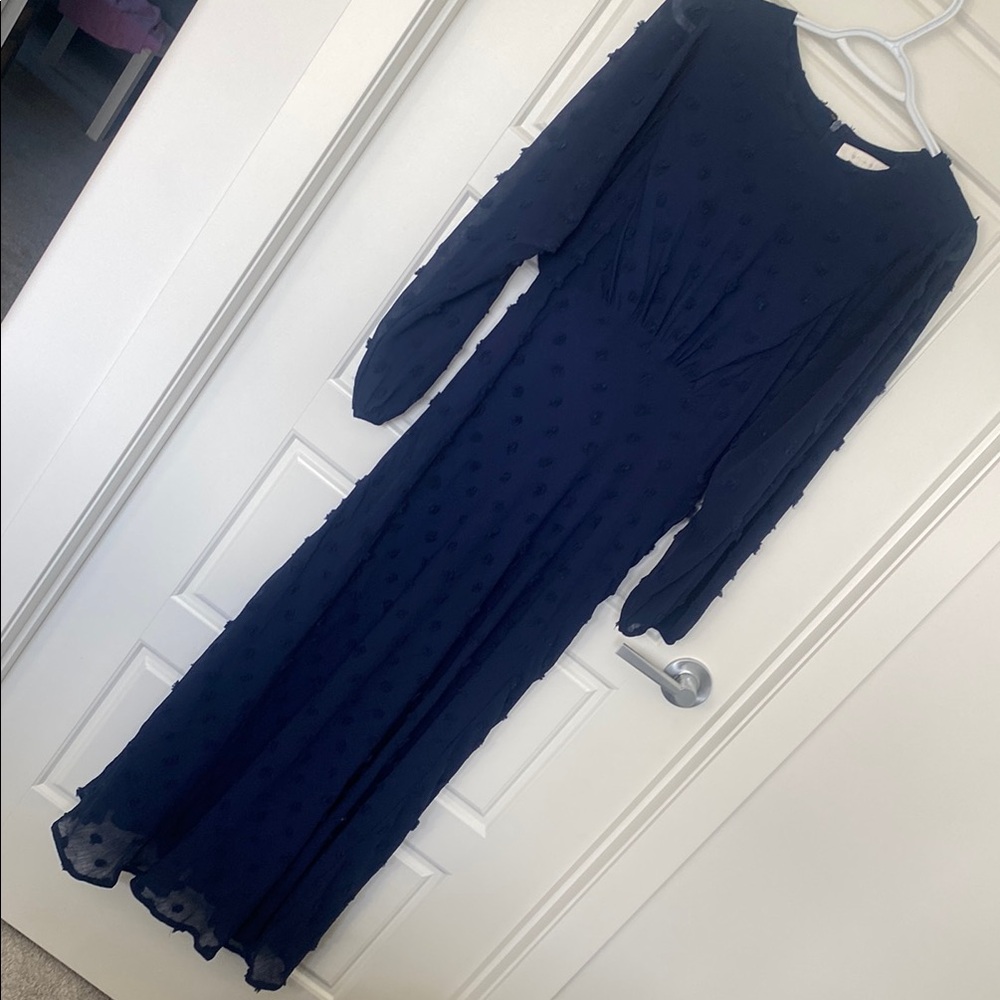 Anthropologie Navy Maxi Dress with plush polka dots and zipper